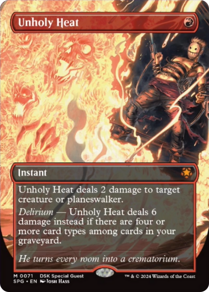 mtg cards with clash Unholy Heat (Borderless) [Duskmourn: House of Horror Special Guests]