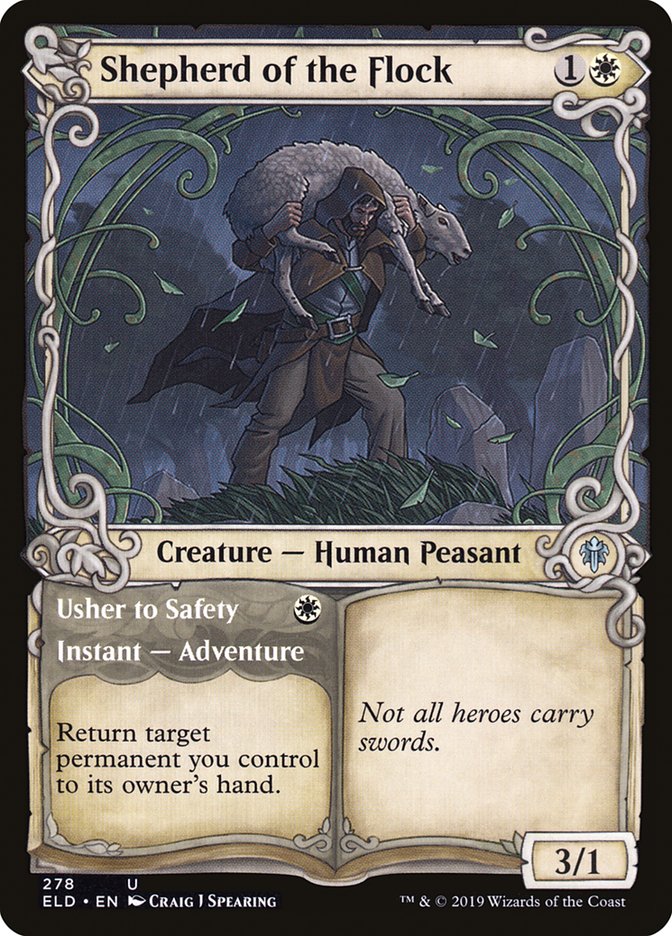mtg throne of eldraine showcase cards Shepherd of the Flock // Usher to Safety (Showcase) [Throne of Eldrain