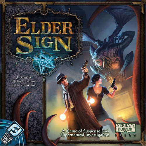 Elder Sign is a fast-paced, cooperative dice game of supernatural intrigue for one to eight players by Richard Launius and Kevin Wilson, the designers of Arkham Horror. Players take the roles of investigators racing against time to stave off the imminent return of the Ancient Ones. Armed with cards for tools, allies, and occult knowledge, investigators must put their sanity and stamina to the test as they adventure to locate Elder Signs, the eldritch symbols used to seal away the Ancient Ones and win the ga